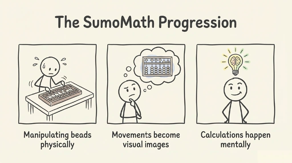 The SumoMath Progression: manipulating beads physically, movements become visual images, then calculations happen mentally
